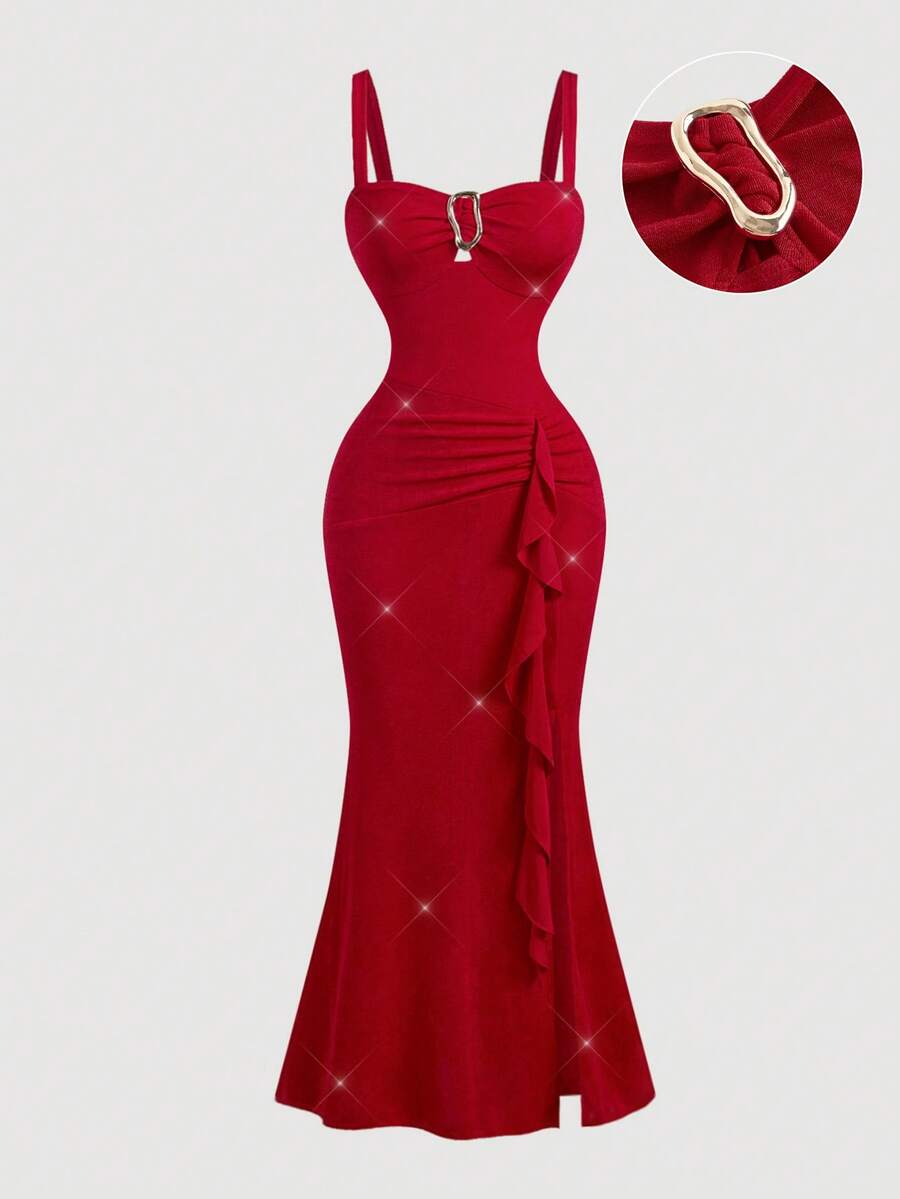 SHEIN MOD 女士夏季金属扣装饰褶皱臀部拼接高开衩鱼尾无袖紧身迷你连衣裙，红色，红色连衣裙，红色优雅连衣裙，红毯礼服，红色荷叶边连衣裙，红色美人鱼连衣裙，派对礼服，女士优雅连衣裙，时尚，婚礼宾客礼服 - 紅色 - 查看 1