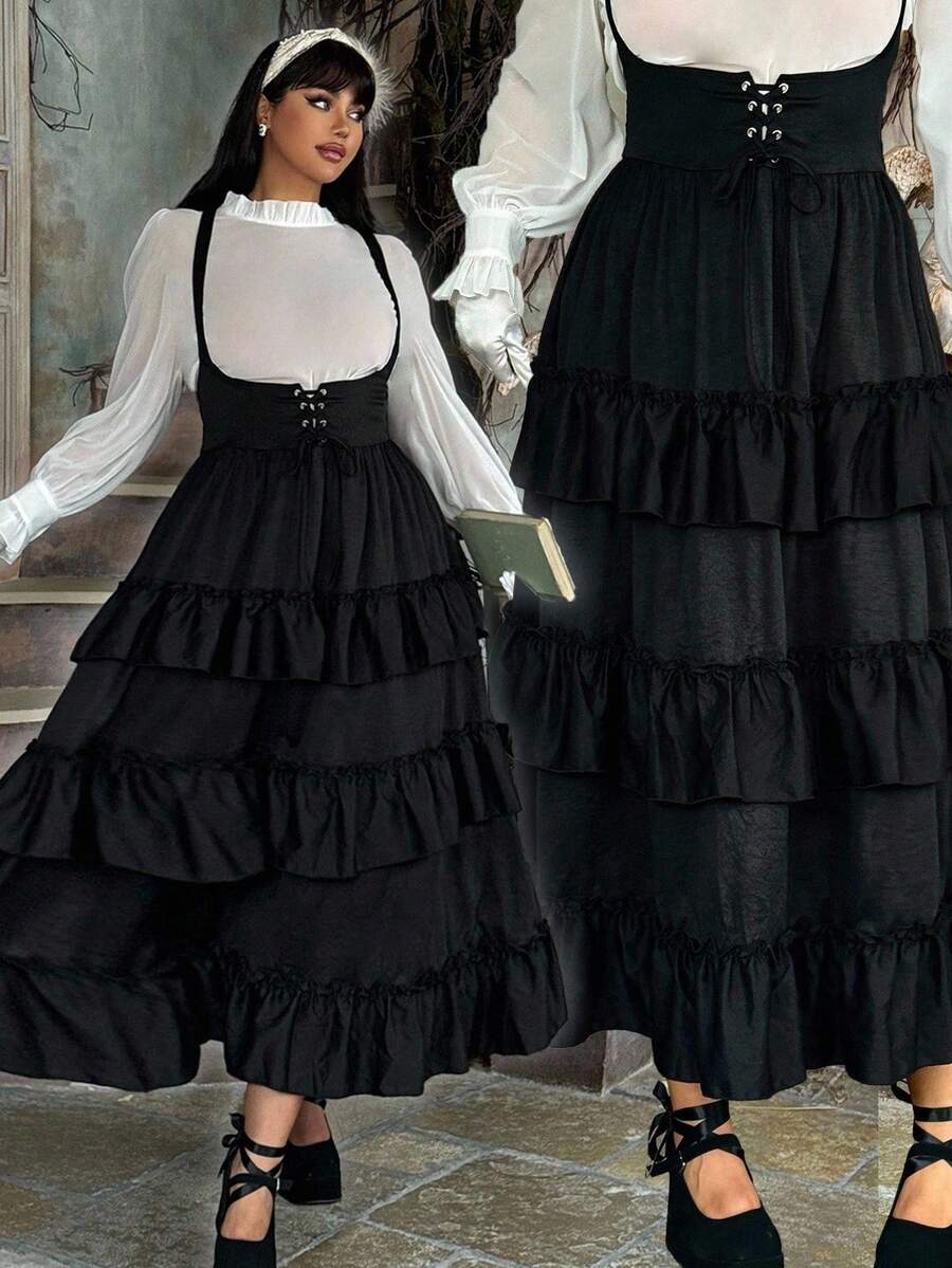 Flirla 大码女式万圣节纯色腰带设计荷叶边下摆休闲连身裤连衣裙 - 黑色 - 查看 1