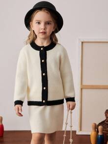 PrepCrw Young Girls' Collegiate Style Color Block Button-Front Knit Cardigan/Knit Mini Skirt Set Fall Winter - Black and White - View 8