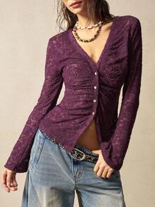 Bohemela 大码女式V领单排扣长袖褶皱时尚衬衫 - 紫色 - 查看 8