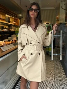 Aloruh 女士优雅翻领腰带卡其色纯色中长款风衣 - 卡其色 - 查看 8