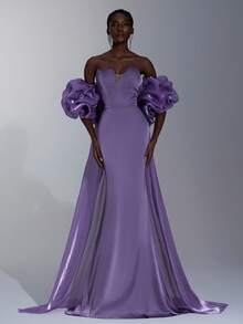 Elitara Elegant Taro Purple Minimalist Asymmetric Strapless Neckline Fitted Mermaid (Detachable 2 Pieces) Exaggerated 3D Ruffle Trailing Sequin Embellished Evening Gown - Dusty Purple - View 2