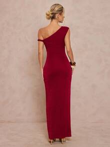 Lumalex Asymmetric Shoulder Exposed Shoulder Metal Decor Waist Fitted Dress For Women - Red - View 2