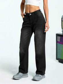 EURMUSE 低腰宽松直筒牛仔裤 - 黑色 - 查看 3