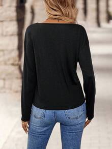 EMERY ROSE Camiseta casual versátil para festival de música de inverno, lábios vermelhos, asas, instrumento, padrão de festival de música country, minimalista, gola V, manga comprida, para mulheres, adequada para outono/inverno - Multicolorido - Ver 4