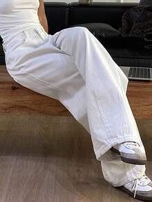 Dazy Tall Women's Pocket Design Casual Loose Straight-Leg White Jeans - White - View 9