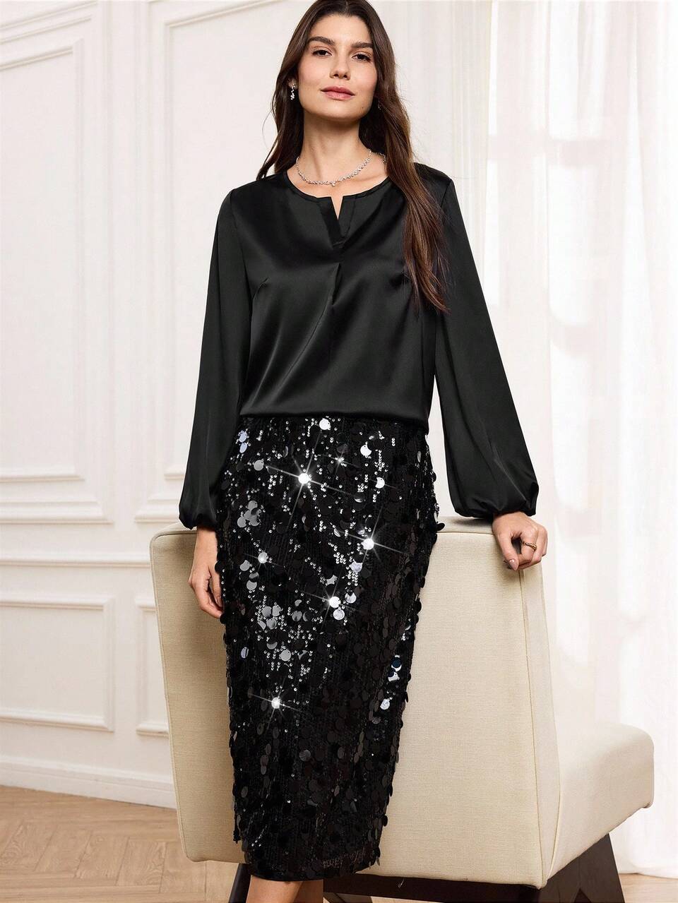 2pcs/Set Women's Elegant Black Satin Top And Sequin Skirt,Evening Party Outfit With Sequin Elements,Autumn Winter Prom Blouses And Skirt Set