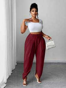 大码时尚褶裥杏色口袋长裤 - 酒紅色 - 查看 5