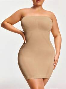 SHAPORA 女士纯色弹力舒适加大码塑身衬裙 - 杏色 - 查看 1