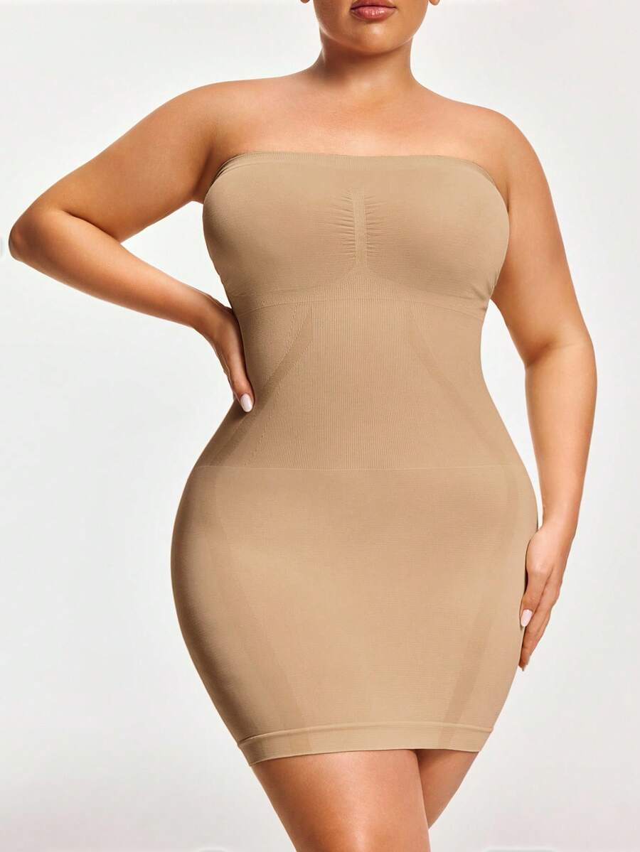 SHAPORA 女士纯色弹力舒适加大码塑身衬裙 - 杏色 - 查看 1