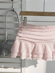 Elamini Fashionable Pleated Layered Decor Sweet Design Mini Skirt Charming Ruffled Polka Dot Vacation Style A-Line Skirt - Pink - View 4