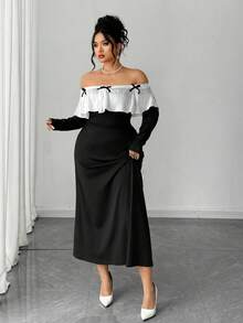Elenzga Plus Size Women Elegant Fitted Off Shoulder Long Sleeve Patchwork White Bow Collar Dress, Autumn/Winter - Black - View 3