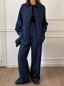 DAZY 女士休闲宽松衬衫和牛仔裤套装，秋季 - 藏蓝色 - 查看 5
