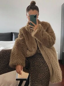 DAZY 女式仿毛领中长款纯色大衣，秋冬 - 咖啡棕 - 查看 5