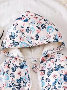 SHEIN Áo khoác len cardigan dài tay in họa tiết hoa ấm áp cho bé gái, thoải mái, có khóa kéo phía trước, phù hợp cho mùa đông - Màu Khaki - Xem 3