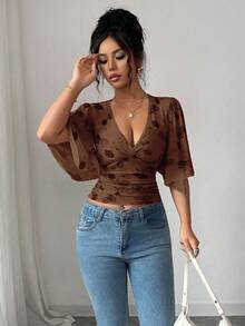 Elenzga Áo thun tay loe in hoa thanh lịch dành cho nữ, mùa hè - Cà phê nâu - Xem 3