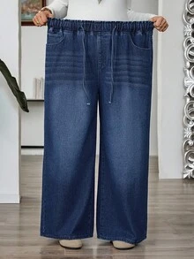 SHEIN CURVE+ Damen dunkelblau Herbst und Winter Jeans mit elastischem Bund und Taschen, lässig und weit geschnitten, Outfits für Damen, Halloween Kostüme, Landhausstil für Damen, schick für den Herbst