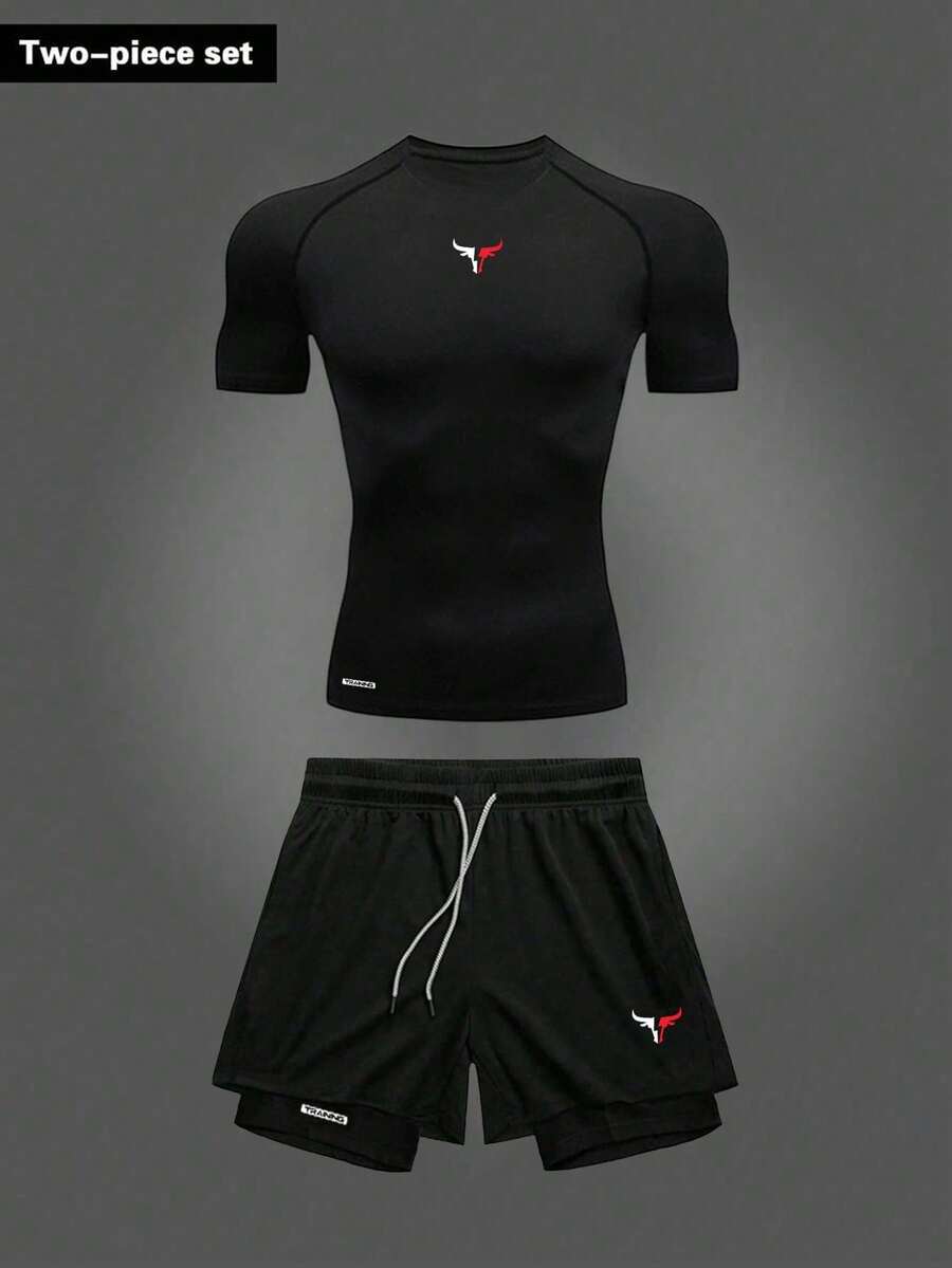 GymBeat Conjunto deportivo casual de cuello redondo y mangas raglán de unicolor para hombres - Negro - Ver 1