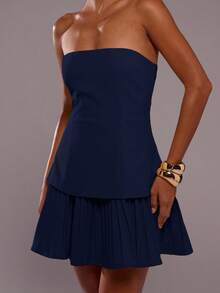 SHEIN BAE 简约纯色束腰抹胸女式迷你连衣裙 - 藏蓝色 - 查看 5