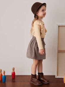 PrepCrw Conjunto de camiseta con cuello de volantes y falda a cuadros, estilo escolar para niñas jóvenes - Multicolor - Ver 5