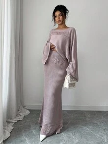 Elenzga 女士秋冬休闲针织毛衣上衣和镂空花卉图案开衫两件套，百搭优雅，适合外出、工作、上学、度假 - 灰色 - 查看 5