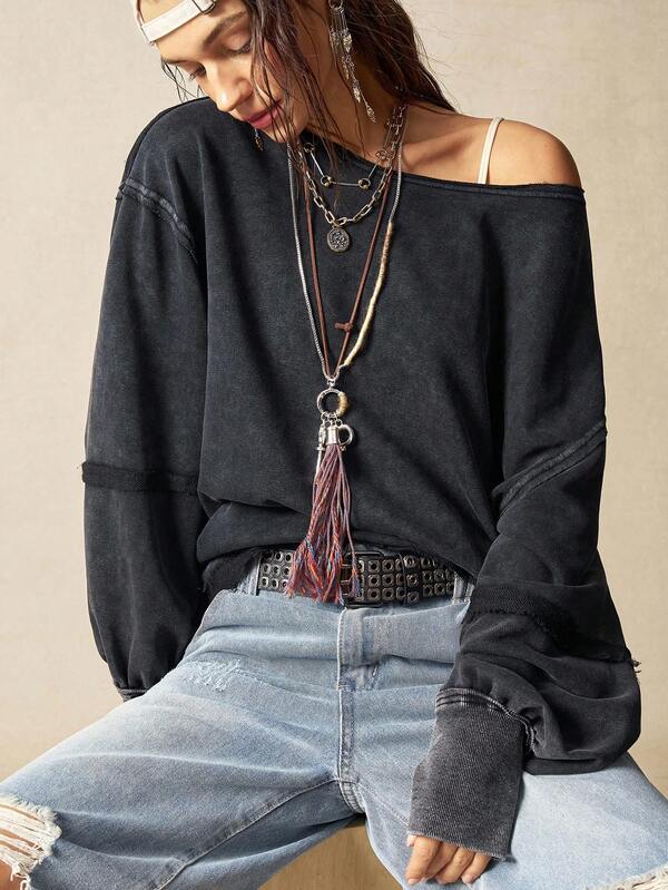 Bohemela 秋冬女士休闲纯色针织圆领宽松水洗运动衫