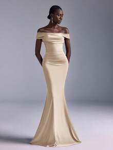 Elitara Elegant Ruched Off Shoulder Mermaid Dress, Suitable For Weddings, Parties, Vacations, Prom, Bridesmaid (Adult) - Apricot - View 7