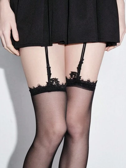 ROMWE Grunge Punk 1 Đôi tất garter họa tiết hoa tối màu phong cách Gothic cổ điển