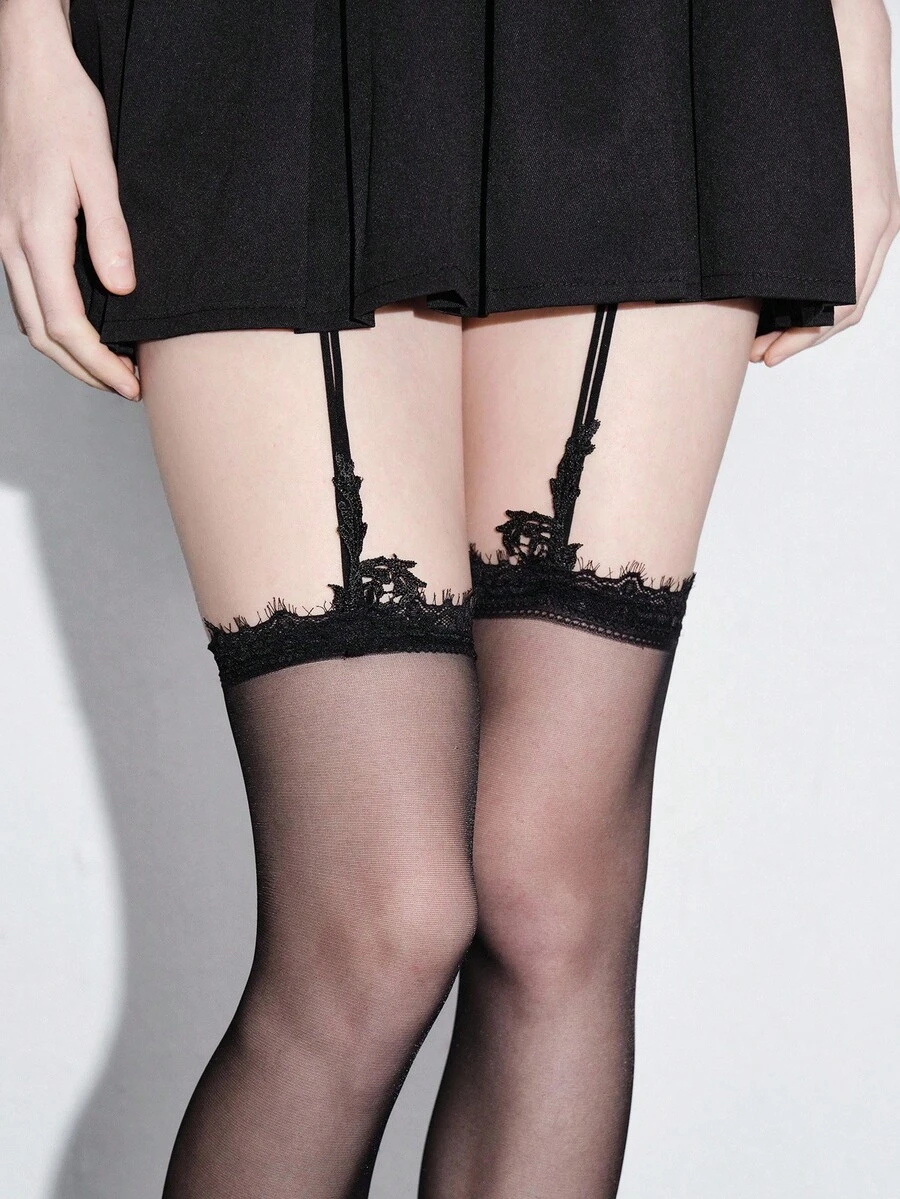 ROMWE Grunge Punk 1 Đôi tất garter họa tiết hoa tối màu phong cách Gothic cổ điển - màu đen - Xem 1