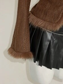 SHEIN ICON 女式复古波西米亚性感 Y2K 针织提花拼布毛领棕色 T 恤 - 棕色 - 查看 7