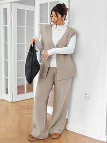 Lounesse Plus Size Women Casual All-Match Solid Color Knitted 2 Pieces Set, Comfortable & Versatile For Urban Slouchy Lifestyle/Winter - Khaki - View 5