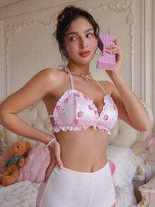 PetitDoll Lencería de mujer con estampado de melocotón, con tirantes de espagueti y volantes en el cuello halter - Rosa - Ver 3