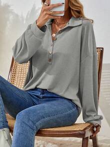 EMERY ROSE Áo thun nữ dáng rộng, cánh dơi, màu trơn, cài nút, mùa thu - Xám - Xem 5