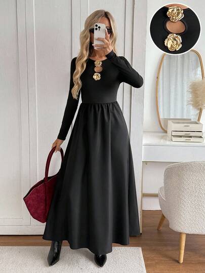Easowa Round Neck Ocean Metal Decor Button Waist Fitted Pleated A-Line Maxi Dress, Casual Loose Commuter Vintage Style Long Dress For Women Winter Dress Casual Long Dress Long Black Elegant Dress Long Sleeve Elegant Dress