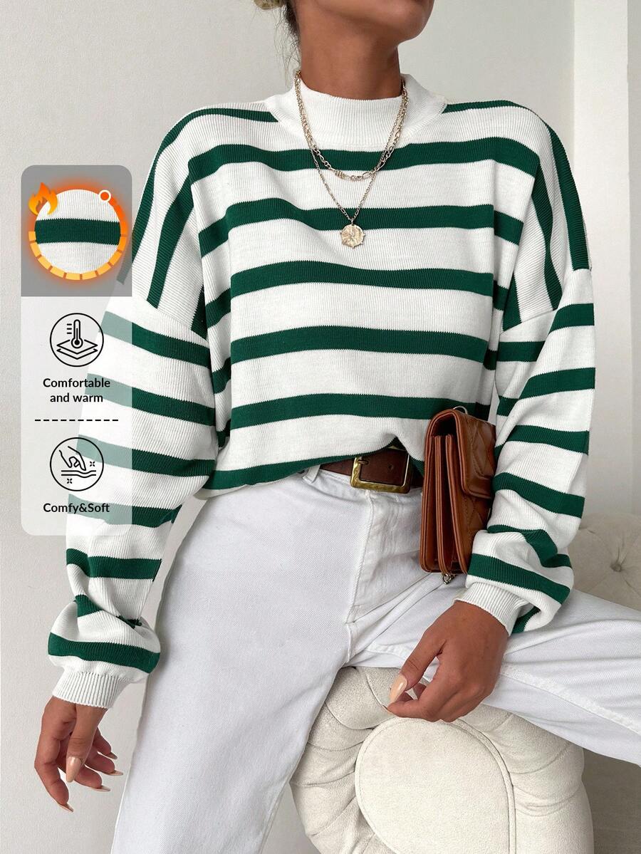 SHEIN Cottnline Plus Size Women Casual Corset Baggy Traditional Solid Color Round Neck Blue White Stripe Sweater Long Sleeve Top Formal Vacation Fall Evening - White - View 1