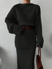 EURMUSE Conjunto De Suéter De Dos Piezas De Color Liso Para Mujer Sin Cinturón - Negro - Ver 6