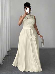 Maweii Plus Size Women Solid Color Sleeveless Lace Pleated Waist Dress - Apricot - View 8