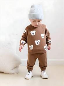 Souflis Souflis Baby Boys Teddy Bear Jacquard Knit Sweater Set, Soft & Thick Fabric, Suitable For Casual Wear, Autumn/Winter Fall - Khaki - View 8