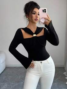 Selianne Áo thun nữ dáng ôm khoét lỗ màu trơn thanh lịch dành cho người đi làm - màu đen - Xem 7