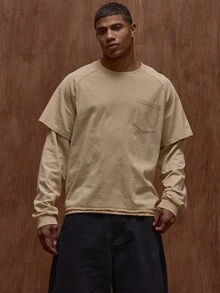 Musero Oversized Plain Layered Long Sleeve T-Shirt Front Pocket Detailing Fall/Autumn Winter