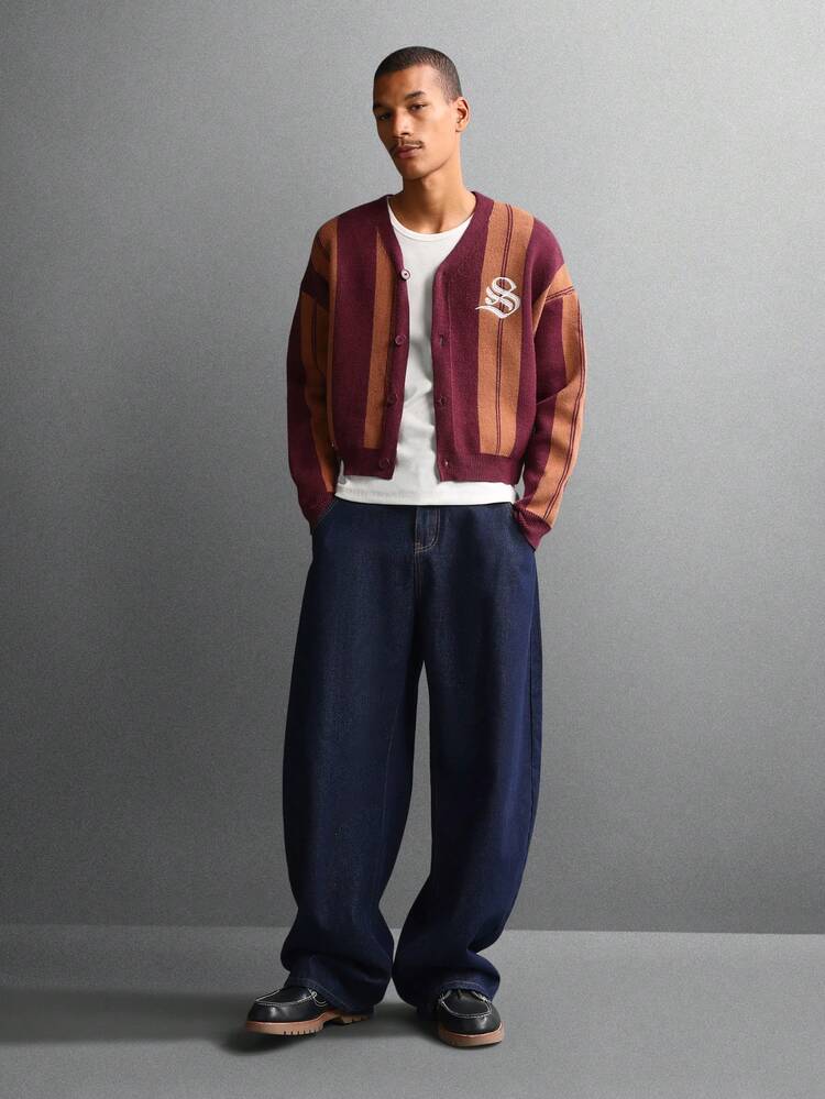 Button Up Striped Cardigan With Embroidered Gothic Letter