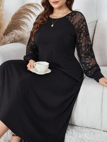 Lacomfia فستان نسائي أنيق وواسع مريح بياقة مستديرة وأكمام فانوس وخصر مربوط بخصر A-line مع تصميم من الدانتيل والرقع، مناسب للمقاسات الكبيرة - الأسود - مشاهدة 6