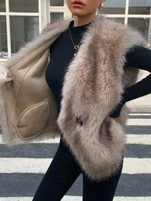 DAZY 女士 V 领宽松休闲无袖蓬松背心冬季夹克背心仿皮草大衣 - 駝色 - 查看 2