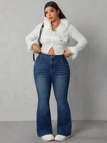 SHEIN ICON 大码弹力修身水洗喇叭牛仔裤 - 深色水洗藍 - 查看 5