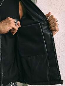 AXEPEAK Men's Casual Loose Fit Streetwear Leather Jacket With Backside Letter Graphic, Fall Winter - Black - View 7