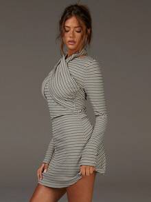 Athîral New Year Dress Women, Winter Dress Women, Striped Long Sleeves Chest Twist Halter Neck Long Sleeve Mini Dress - Multicolor - View 7