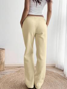 SHEIN Unity Apricot Low Waist Drawstring Tie Slant Pocket Straight Wide Leg Sweatpants, Fashion Minimalist Casual Daily Versatile, Suitable For Petite Women, Spring/Autumn - Apricot - View 2