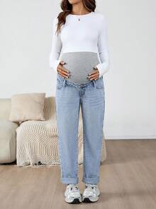 SHEIN Maternity Cuffed Light Blue Casual Fall Autumn Winter Halloween Christmas New Year Thanksgiving Versatile Jeans With Belt Loops Maternity Jeans Y2k Cute Party Streetwear Techno Birthday Airport Mom Jeans Low Rise Women Baggy Jeans Thermal Lined Jeans - Blue - View 4