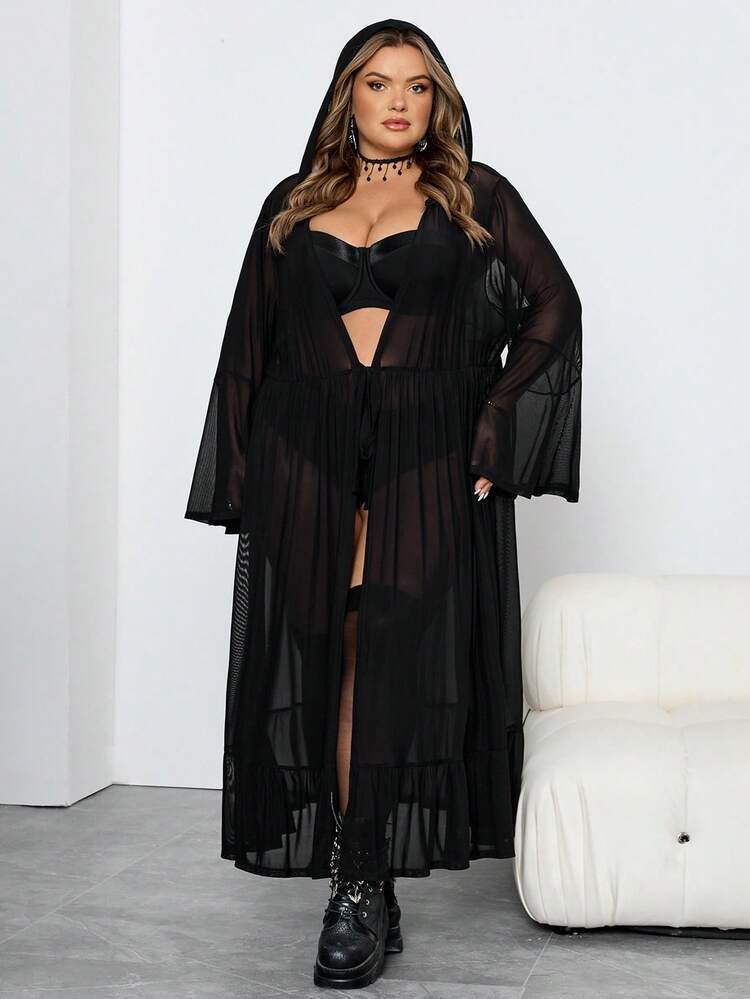 SHEIN CURVE+ Plus Size Women Gothic Style Flare Sleeve Hooded Sheer Dress - Black - View 5