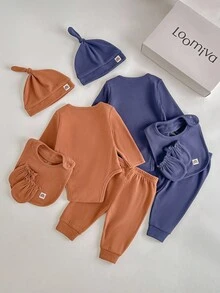 Loomiva 10pcs/Set Newborn Baby Boy/Girl Simple Rainbow Pattern Solid Color Casual Comfortable Infant Gift Set (Bodysuit + Pants + Hat + Bib + Mittens), Suitable For Autumn/Winter, Newborn Gift